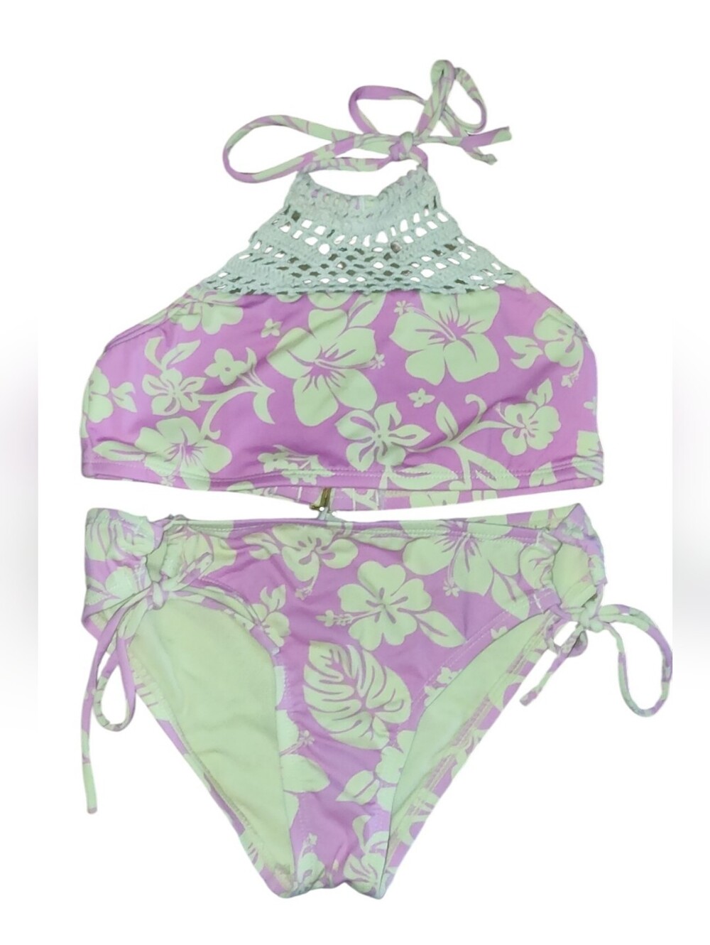 Hobie Kids Pink/Yellow Floral Boho Crochet Halter Bikini Swim Set Girls Size 8